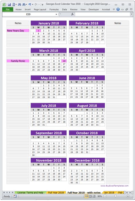 2018 Calendar Year in Excel Spreadsheet - Printable - Digital Download – BuyExcelTemplates.com