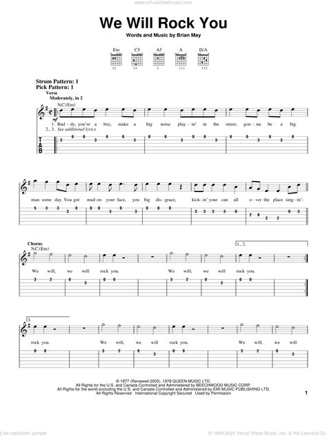 We Will Rock You sheet music (easy) for guitar solo (easy tablature)