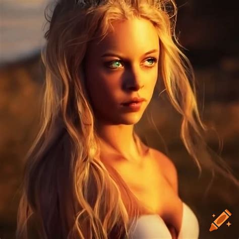 Blonde viking girl at beach during sunset in 8th century on Craiyon