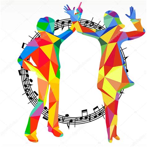 Polygon silhouettes dancing people and melody circle, vector music battle party background ...