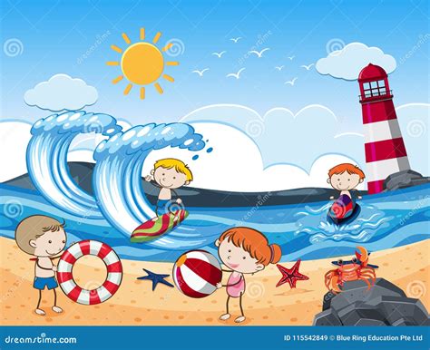 Kids with Beach Activities in Sunny Day Stock Vector - Illustration of ...