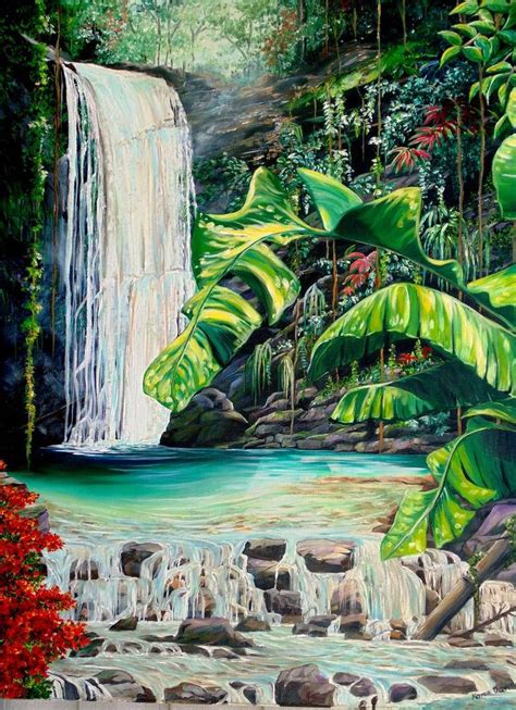 RAIN FORREST FALLS Painting by KARIN BEST | Saatchi Art | Waterfall ...