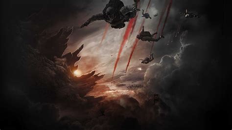 HD wallpaper: Godzilla Monster Giant Paratrooper Skydive Fall Flare Clouds HD, men falling from ...