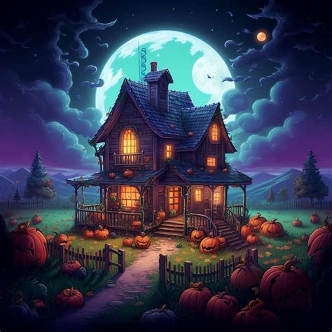 Premium AI Image | Halloween castle background with scary pumpkins candles in the graveyard at night