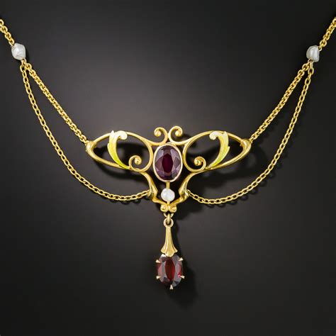 Art Nouveau Garnet Enamel Necklace By Krementz - Vintage Jewelry