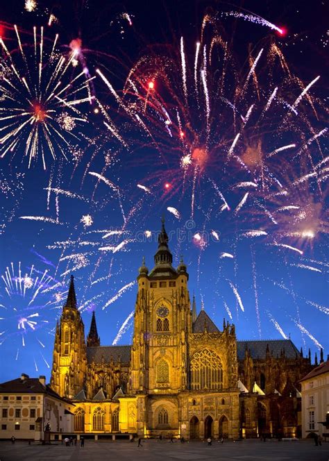 Festive Fireworks Over the Saint Vitus`s Cathedral, Prague, the Czech ...