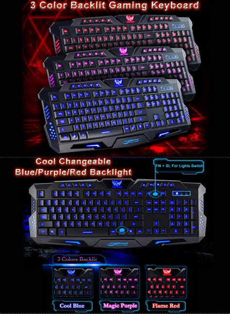 Cool 3 Colors LED Illuminated Backlight USB Wired Gaming Keyboard Multimedia PC | eBay