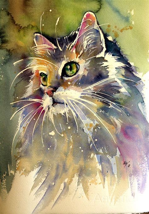 Buy Cute cat- perfect gift idea, Watercolor by Kovács Anna Brigitta on Artfinder. | Tiergemälde ...