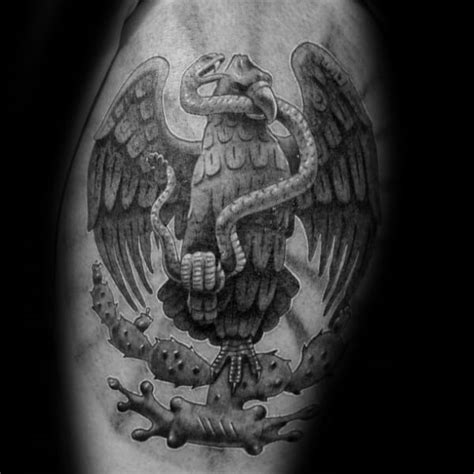 Male Shaded Black And Grey Ink Mexican Eagle Arm Tattoo Ideas - Next Luxury