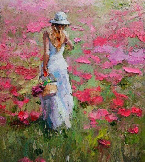 Lady walking in pink flower field impressionism palette knife oil ...