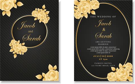 luxury wedding card black template with gold rose frame and line ...