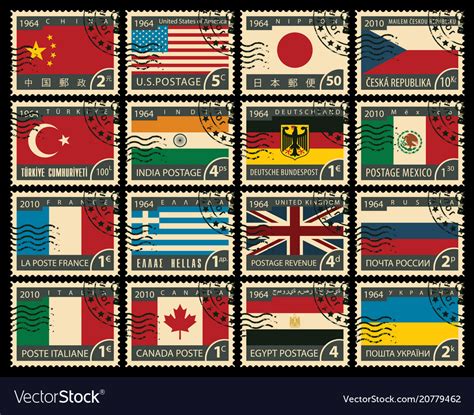 Set of stamps with flags of different countries Vector Image