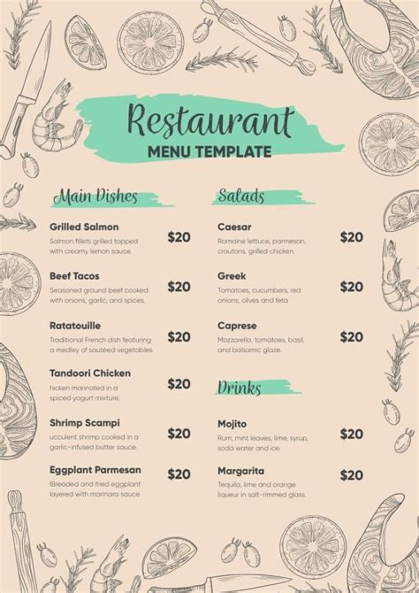 Get this Hand-drawn Mediterranean Dishes Restaurant Menu template for free