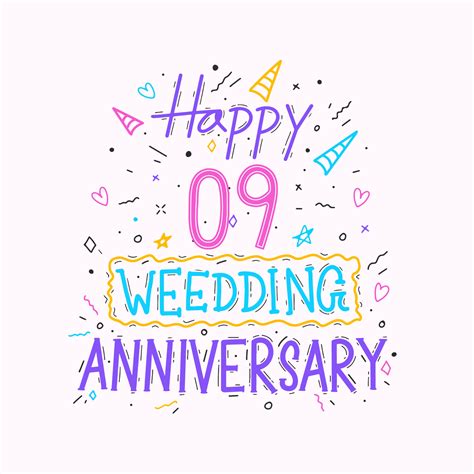 Happy 9th wedding anniversary hand lettering. 9 years anniversary celebration hand drawing ...