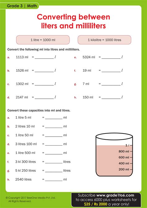 Convert between liters and milliliters | Grade1to6.com worksheets