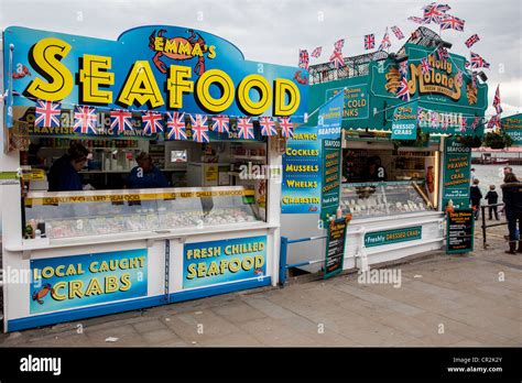 Seafood stalls on the harbourside at Scarborough, North Yorkshire Stock ...