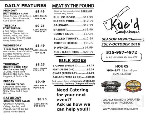 Menu for Kue'd Smokehouse in Waukee, IA | Sirved