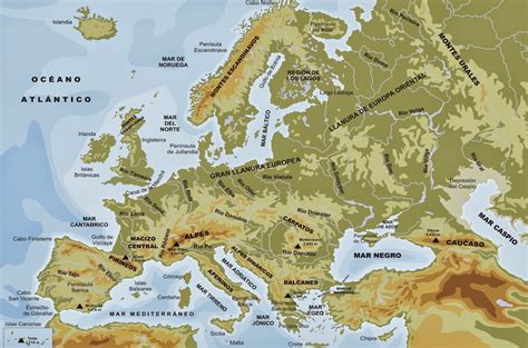 Mapa de montañas y llanuras de Europa - Mapa de Europa