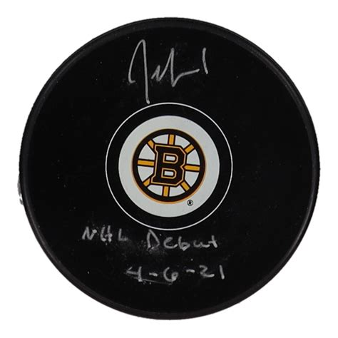 Jeremy Swayman Signed Bruins Logo Hockey Puck Inscribed "NHL Debut 4-6 ...