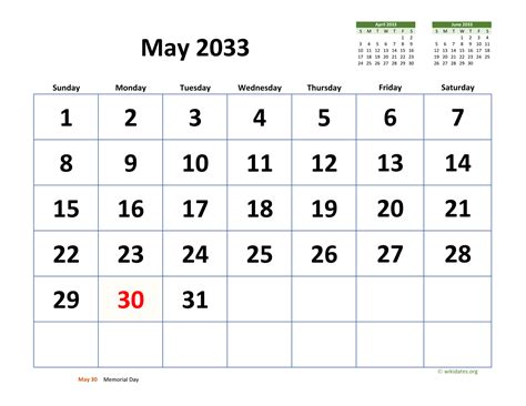 May 2033 Calendar with Extra-large Dates | WikiDates.org