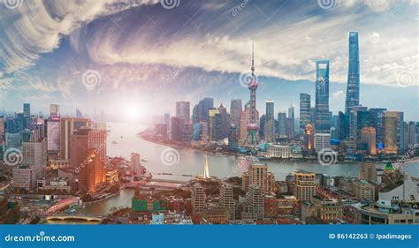 Aerial Photography at Shanghai Bund Skyline of Sunrise Stock Image ...