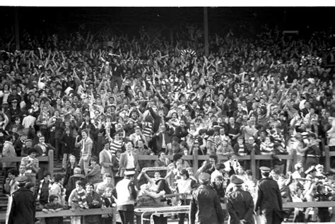 Celtic End early 1980s celebrating a goal – the shamrock