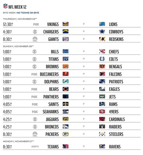 Nfl Schedule Week 12 Printable