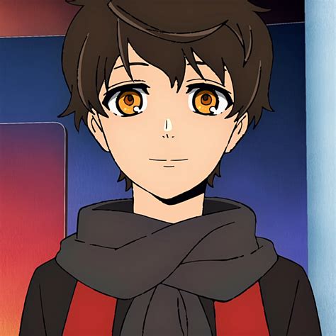 an anime character with brown eyes wearing a black jacket and scarf, standing in front of a blue ...