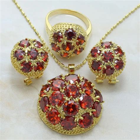 Viciwini S146 Gracious Red Garnet Gold Plated Jewelry Sets Earrings Pendant Ring For Women -in ...