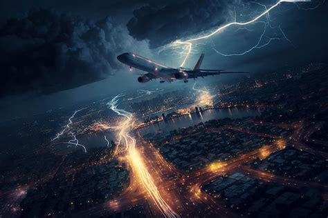 Premium Photo | Airplane takes of during thunderstorm lightning strikes to passenger plane ...