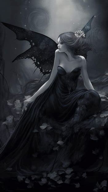 Premium Photo | A dark fairy with wings sits on a rock.