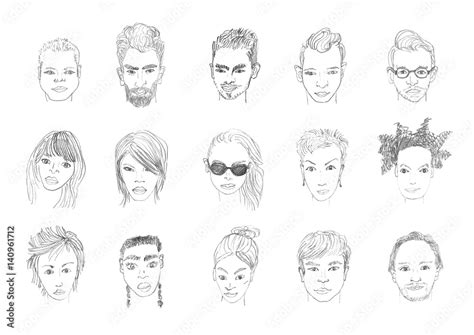 People faces pencil drawing. Men and women faces hand drawing cartoon ...