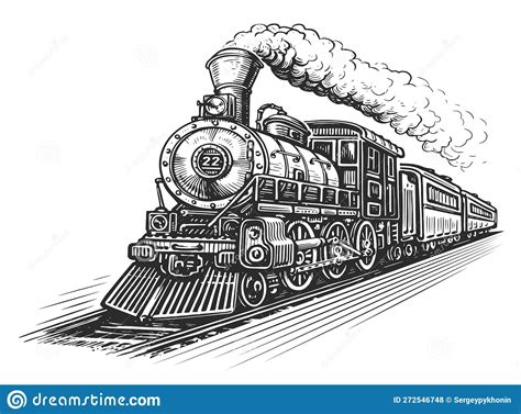 Hand Drawn Moving Retro Train, Sketch Illustration. Vintage Railway Steam Locomotive in Style of ...