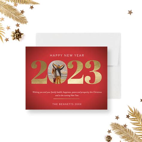 2023 Happy New Year Card with Photo, Red and Gold Holiday Cards with P ...