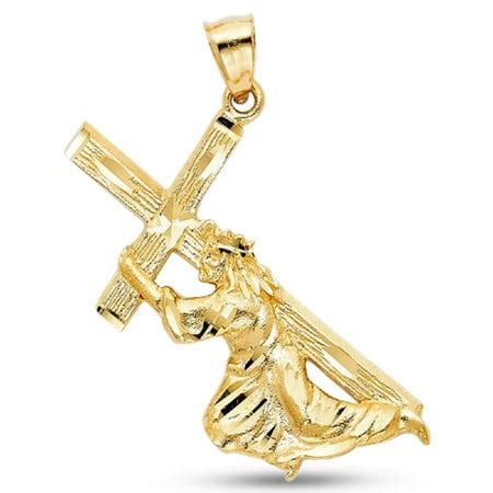 GemApex - 14k Yellow Gold Jesus Carrying Cross Pendant Christ Holding ...