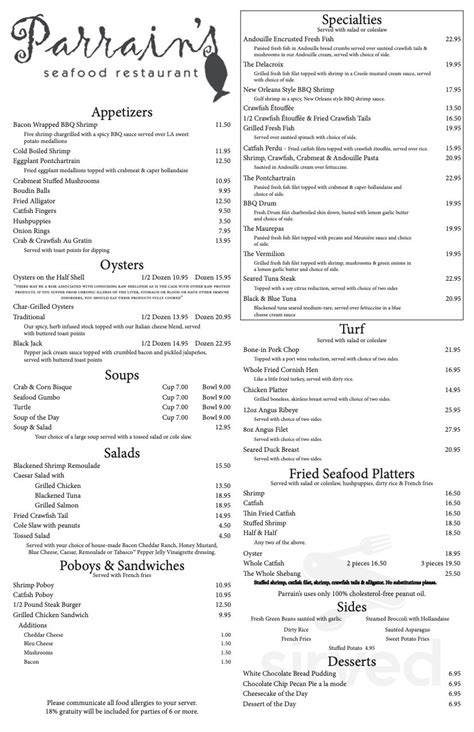 Parrain's Seafood Restaurant menus in Baton Rouge, Louisiana, United States