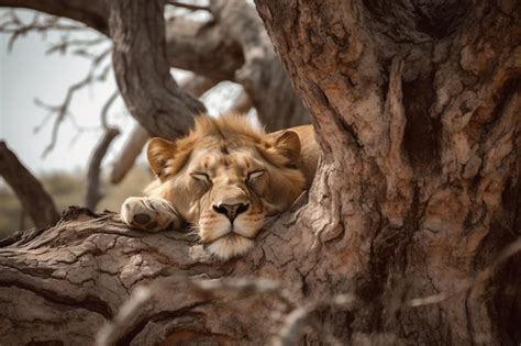 Premium AI Image | A lion sleeping in a tree