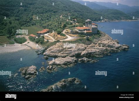 Aerial photograph of a Greek monastery on mount Athos Stock Photo - Alamy