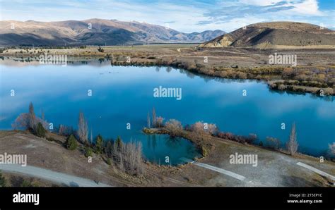 Lake Ruataniwha rowing course scenery viewed from a drone above the water Stock Photo - Alamy