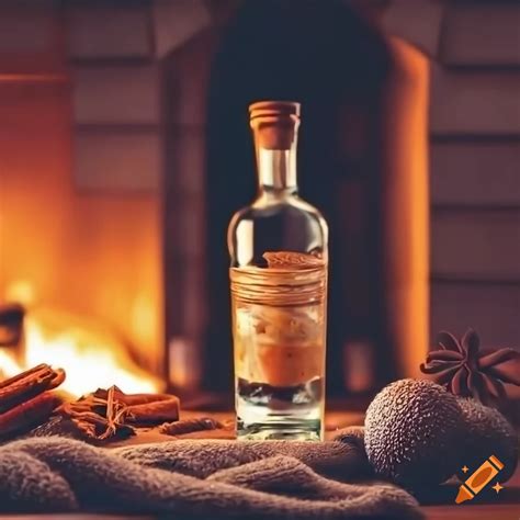 Cozy winter scene with gin bottle and spices by the fireplace on Craiyon