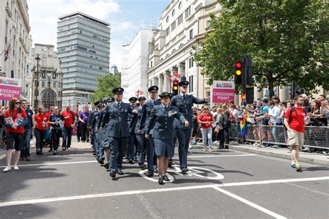 LGBT members of the United Kingdom military marching in Trafalgar Square during Pride in London ...