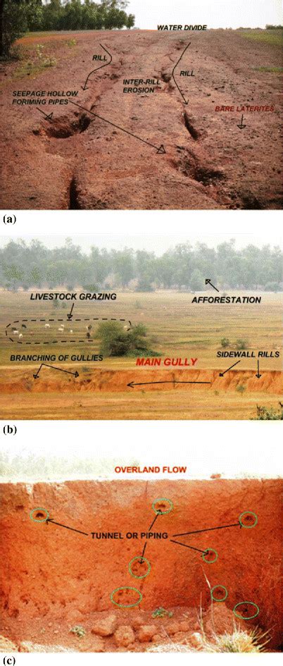 Photographs showing (a) rill and inter-rill erosion, (b) gully erosion ...