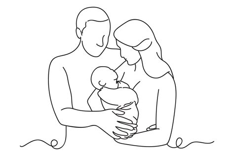 Continuous one line drawing of mother and father holding their newborn baby. Vector illustration ...