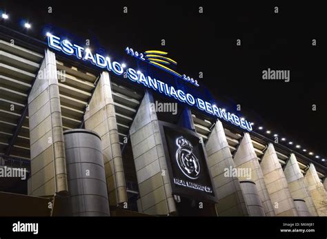 Night view of the facade of the Santiago Bernabeu stadium of Real ...