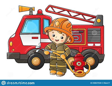 Cartoon Fire Truck with Fireman or Firefighter. Fire Fighting ...