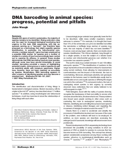 (PDF) DNA barcoding in animal species: progress, potential and pitfalls | John Waugh - Academia.edu