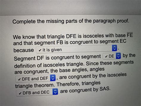 Given: ΔDFE is isosceles with base FE; FB ≅ EC. Prove: ΔDFB ≅ ΔDEC ...