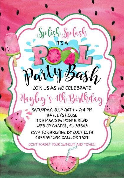 Watermelon birthday pool party invitations kids birthday – Artofit