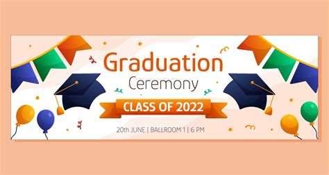 Graduation ceremony horizontal banner with colorful garlands, cap and ballons. Vector layout ...