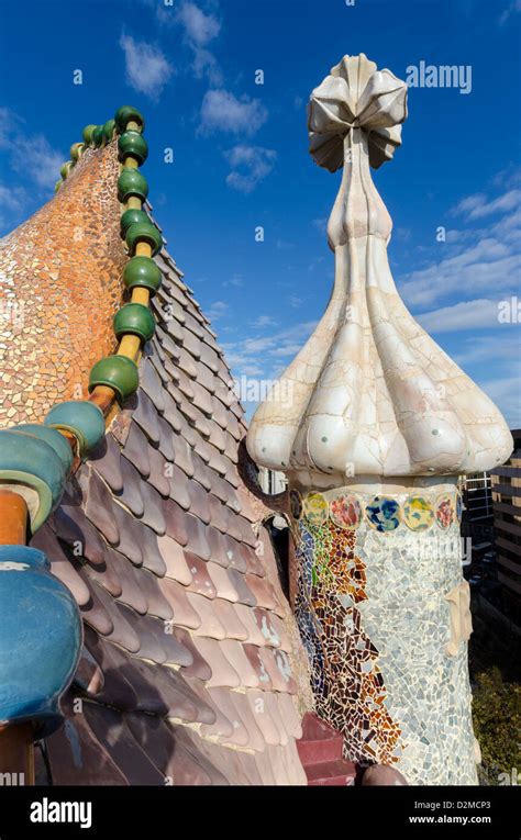 Mosaic roof of the Casa Batlló by modernista architect Gaudi, Barcelona ...